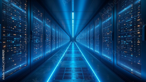 High-Tech Server Room with Blue LED Lights, generative ai