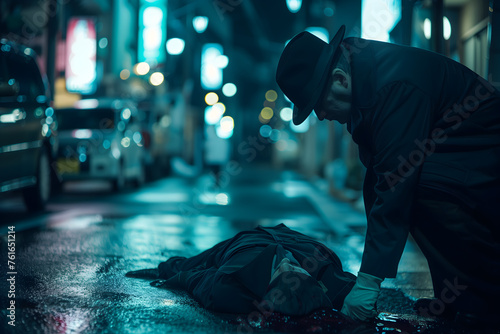 Detective private detective police cop investigates a murder at a crime scene on a city street, studying the victim's corpse, searching for evidence at night in hot pursuit