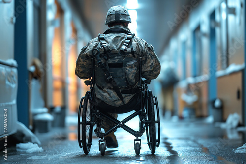 back of military soldier disabled man with an amputated leg in invalid wheelchair on medicine hospital