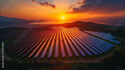 Orange Hues of Renewables: Drone View of Solar Farm at Sunrise, generative ai