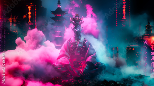 Méditation cyberpunk, couleur néon, fumé, 8K