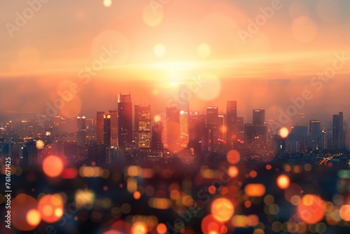 Summer sun blur golden hour hot sunset sky with city rooftop view background cityscape office building landscape blurry urban warm bright heat wave lights skyline heatwave bokeh for evening party