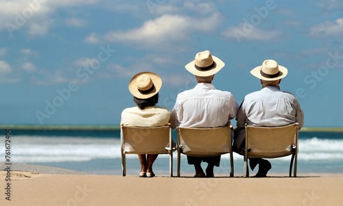 Trois retraités se reposant à la plage