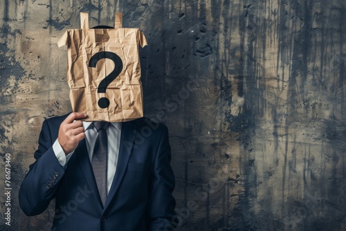 Businessman wearing paper bag on head with a question mark concept