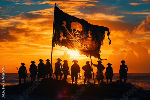 Pirate crew with a jolly roger flag at sunset on a beach