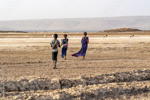 Djibouti, Afar shepherds walking at the lake Abbé