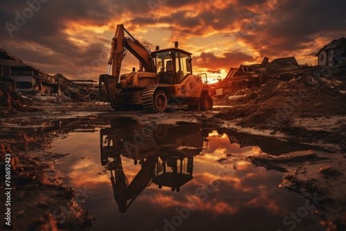 Heavy machinery excavator digging soil under clear blue sky at construction site