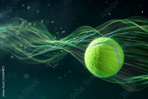 A tennis ball is captured mid-flight as it soars through the air during a tennis match, A graphical representation showcasing the trajectory of a tennis ball in motion, AI Generated