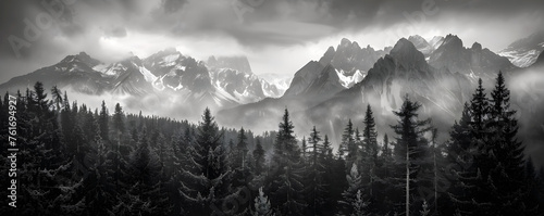 Professional monochrome panorama of coniferous forest and snowy mountain range in clouds. Graphic black and white poster of wild landscape. Photo shot for interior painting.