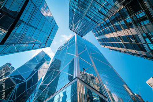 Stunning shot of the glass and steel skyscrapers towering over Hong Kong's bustling streets, reflecting clear blue skies., wide angle lens natural lighting