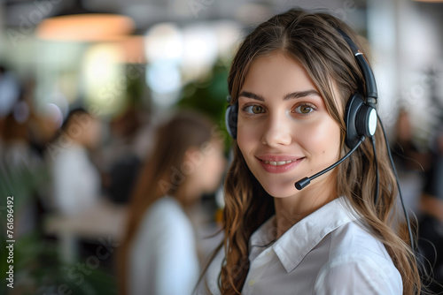 Stylish smiling woman call center agent wearing headset at office, customer service concept with beautiful young female sales supportist on background
