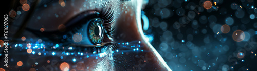 A high-resolution close-up of an eye with digital graphics on the iris, showcasing the future of vision technology