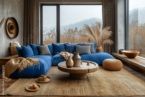Scandinavian style living room interior with a blue sofa, a wooden coffee table and a beige knitted puf in front of the window