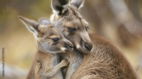 Animal love and affection cute joey image baby kangaroo holding on it's mother ear for comfort and feeling safe