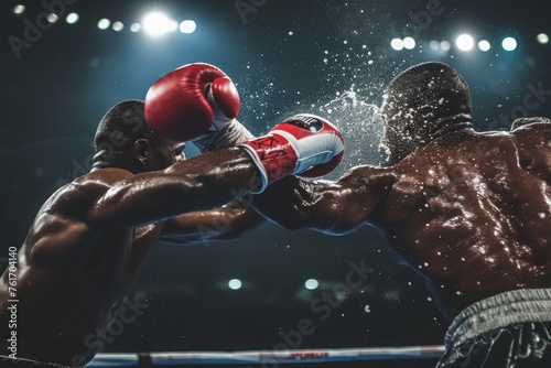 Two men engaged in a boxing match inside a boxing ring, throwing punches and blocking each others attacks, A powerful boxing knockout moment captured in slow motion, AI Generated