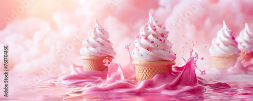 Ice cream with swirling cream, set against a backdrop of soft pink clouds and splashing milk. Creative dessert marketing
