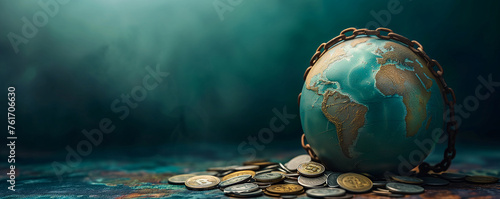 Globe weighed down by large chains, cryptocurrencies and coin money, a concept of the Global recession economy and declining