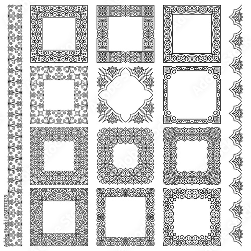 Set of vector square frames, brushes, wide and narrow oriental ornaments