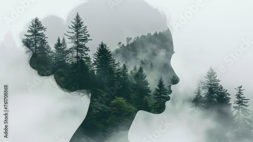 Man s profile silhouetted against blurred forest scenery in double exposure image