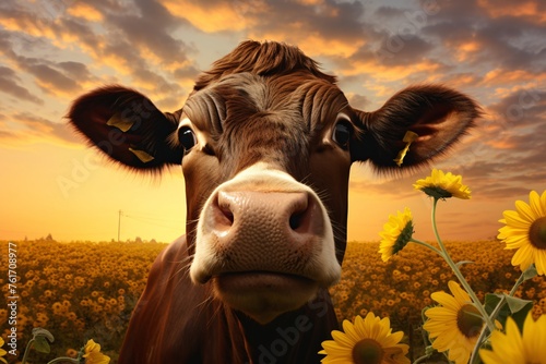 a cow in a field of flowers