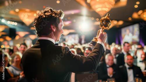 Elegant man in a suit holding a trophy at an award ceremony with a cheering audience in the background.