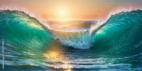 Surf wave in the ocean at sunset time.