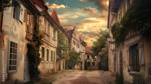 Old Buildings in Quaint Village Street at Sunset AI Generated.