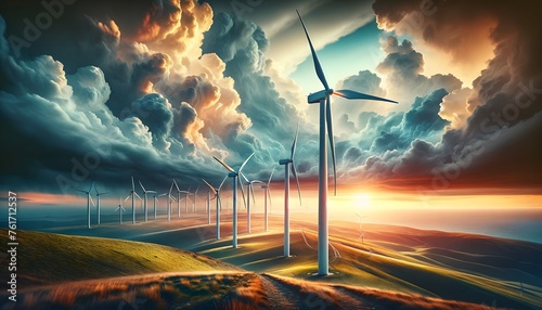 Wind turbines against dramatic skies.