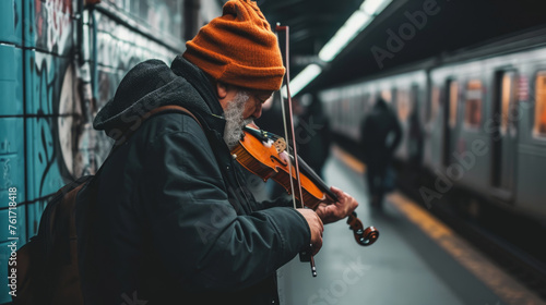 In the depths of the subway, an elderly violinist fills the air with haunting melodies, his music echoing against the tiled walls, captivating commuters with its timeless beauty.