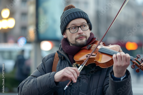 A male violinist passionately plays music on a bustling city street, his melodies weaving through the urban cacophony, captivating passersby with his skillful performance.