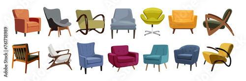 Set of different vintage mid century modern armchairs. Comfortable soft furniture different colors, shapes and viewing angle back, front and side. Vector realistic illustration isolated.