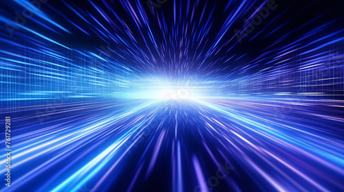 Blue neon glow laser beam tunnel, high speed internet and digital concept abstract background.