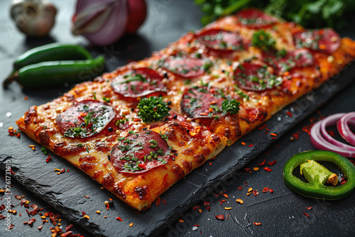 Würzige Pizza mit Pepperoni und Salami auf Schieferplatte