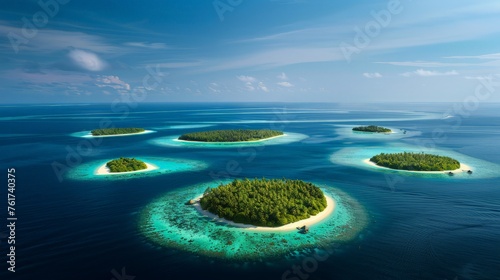 A cluster of small islands sits amidst the vast expanse of the ocean, with varying sizes and shapes.