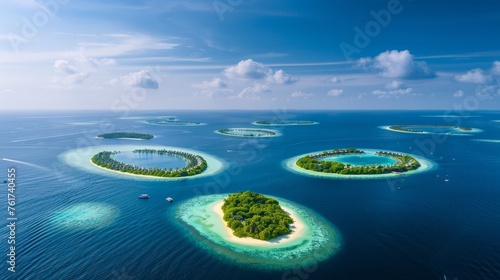 An aerial view of a group of small islands scattered in the vast ocean, showcasing their isolated and remote existence.