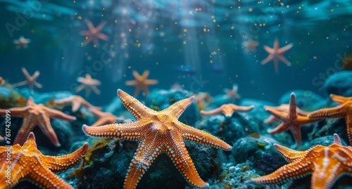 A group of starfish swim gracefully in the ocean, their vibrant colors standing out against the blue water.