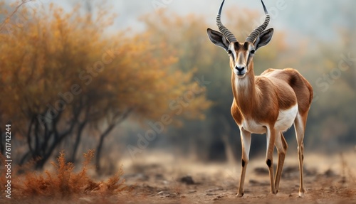 an antelope is standing in the middle of a field with trees in the background and a foggy sky in the background.