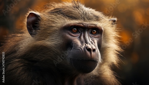  a close up of a monkey's face with a blurry background of trees in the foreground and a blurry background of leaves in the foreground.