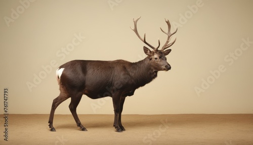  a large brown deer standing on top of a brown floor next to a white wall and a black and white deer with antlers on it's head.