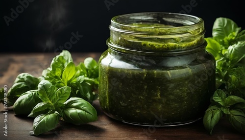  a close up of a jar of pesto on a table with basil on the side of the jar and a sprig of basil on the side.