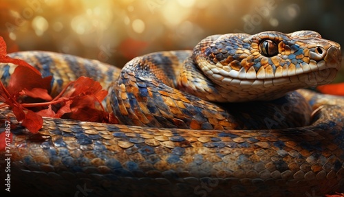  a close up of a snake on a branch with a flower in the foreground and a blurry background.