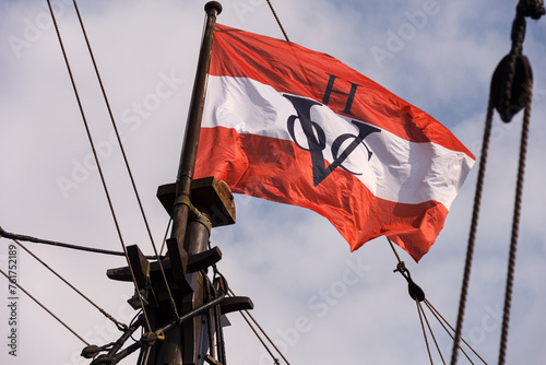 Kampen, The Netherlands - March 30, 2018: Flag as used by the Dutch Verenigde Oost-Indische Compagnie from 1602 til 1799