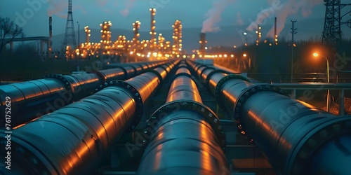 Industrial pipes carrying natural gas at a terminal boosting global energy trade. Concept Energy Trade, Industrial Pipes, Natural Gas, Global Terminal, Resource Transportation