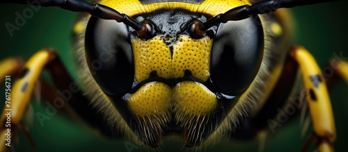 Macro photography showcasing the symmetrical head of a yellow wasp, an arthropod insect on a green background. This invertebrate wildlife pest is a terrestrial animal