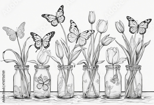 Stress relieving coloring activity for kids and adults. Butterflies are positioned around tulips in water bottles. 
