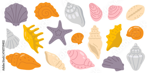 Vector illustration set of cute doodle seashell for digital stamp,greeting card,sticker,icon,summer design