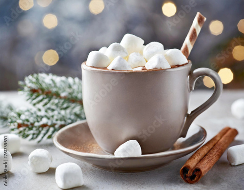 Cup of hot chocolate with tiny marshmallows.