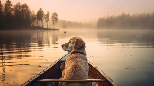 golden retriever in the lake, seat on the boat. 