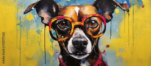 A fawn dog, a carnivore from a working dog breed, wearing glasses in a visual arts painting. The dog is depicted as a companion animal on a vibrant yellow background