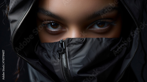 A close-up a face woman in zip-up clothing, eyes boldly staring. black backdrop. Girl in balaclava. Clothes advertising
